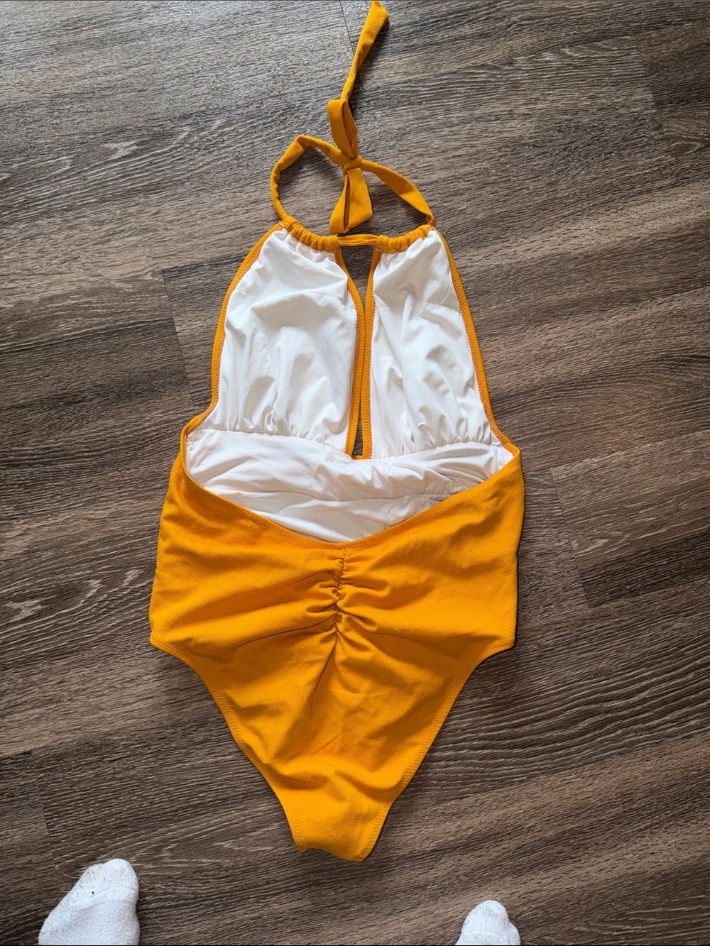 Cupshe Mustard Yellow Halter One-Piece Swimsuit with Black & White Stripe - Picture 2 of 3